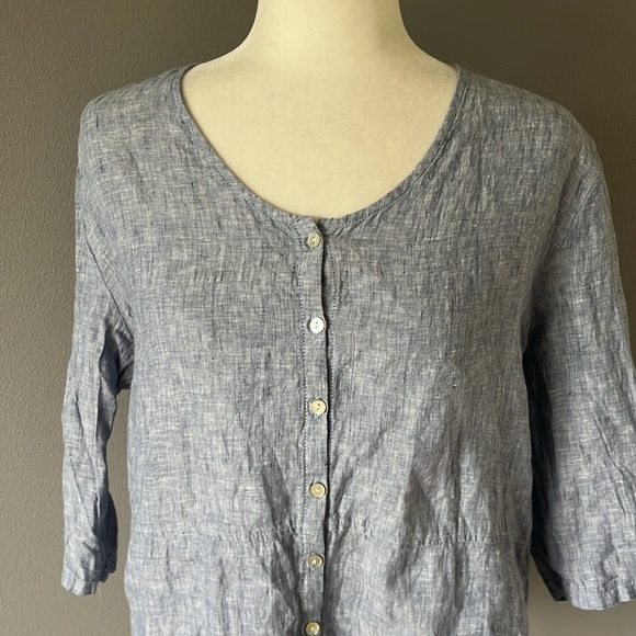 Sigrid Olsen 100% Linen Button Up 3/4 Sleeve Oversized Blouse Chambray Blue - Picture 2 of 11